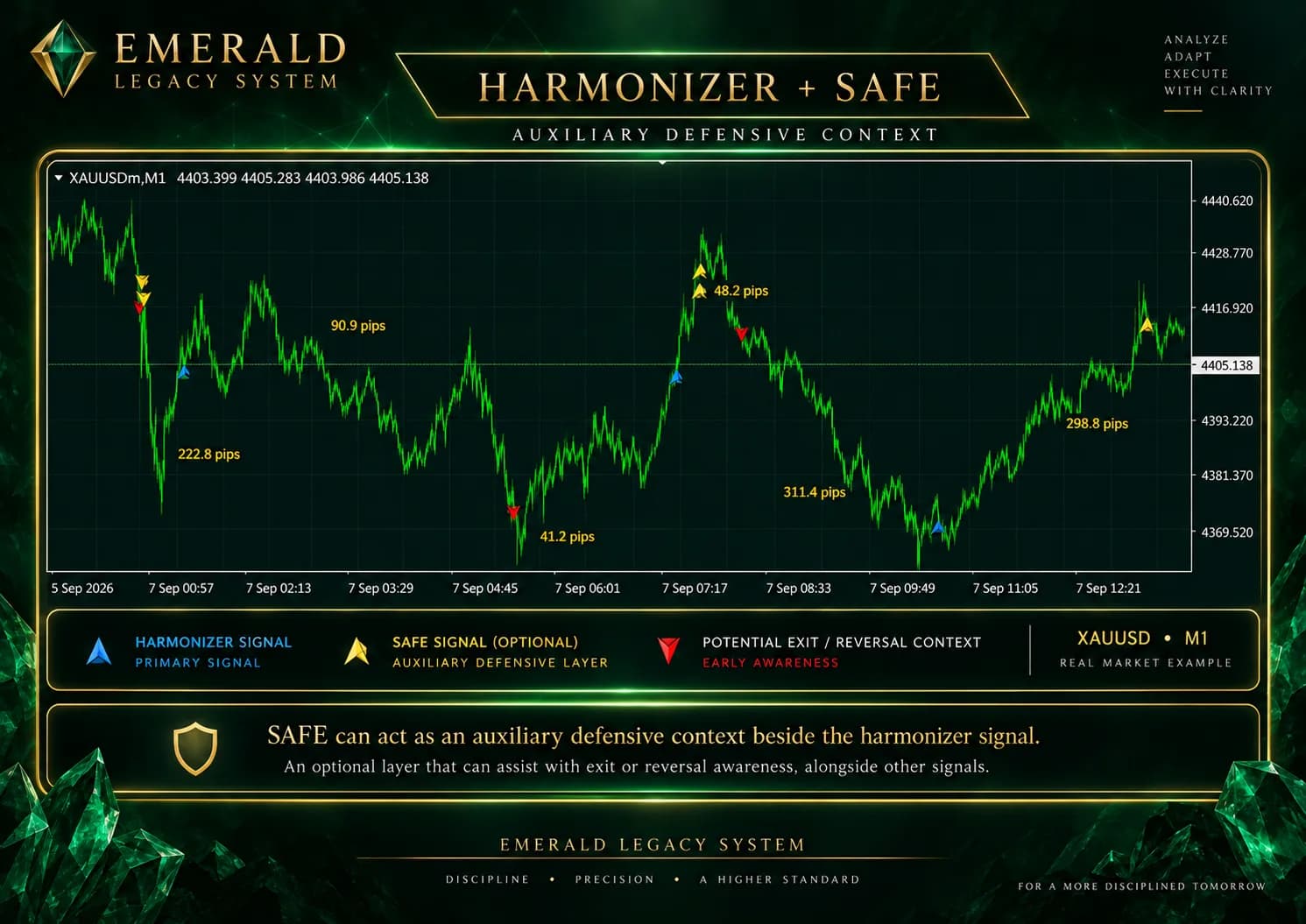 Harmonizer and Harmonizer SAFE signals displayed together on the same MT4 market chart.